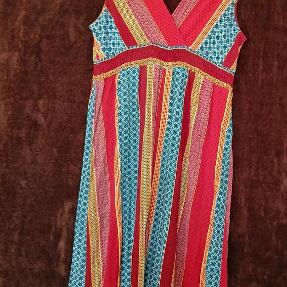Avon Calico Colorful Patchwork Print Striped Sleeveless V-neck Maxi Dress (L) - Picture 3 of 4